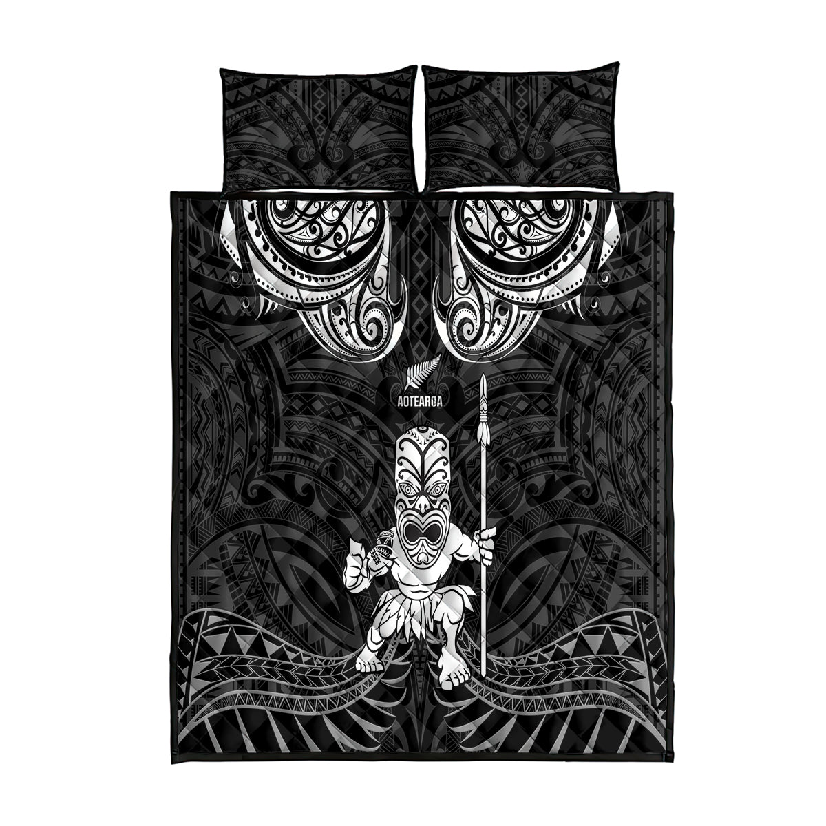 New Zealand Maori Taiaha Quilt Bed Set Tiki Warrior Black LT05 Black - Polynesian Pride