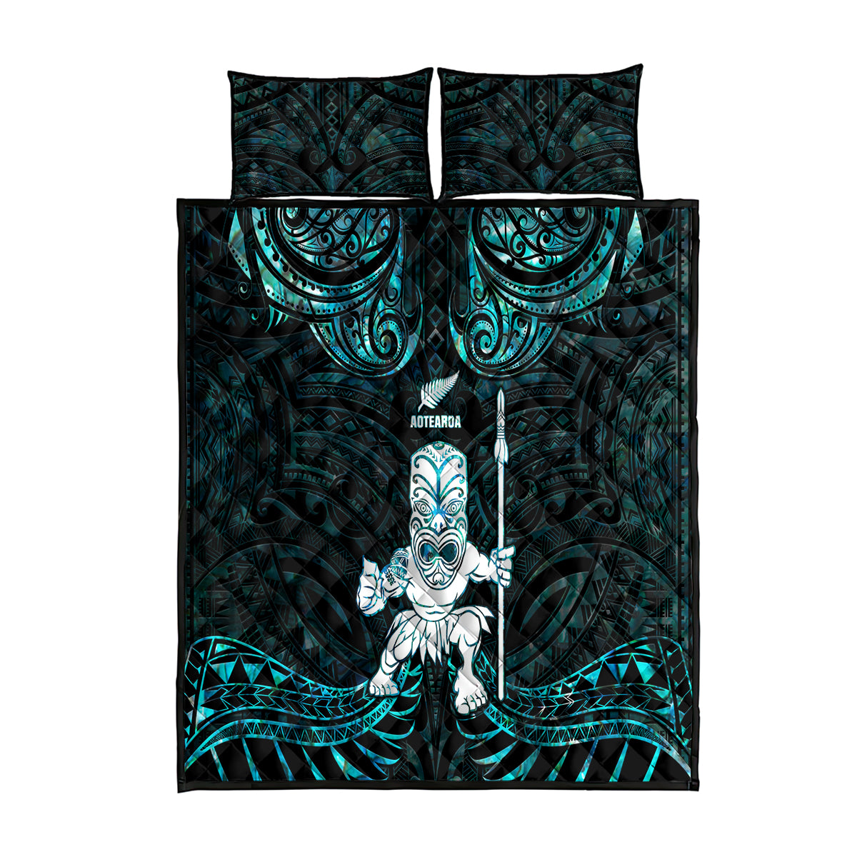 New Zealand Maori Taiaha Quilt Bed Set Tiki Warrior Paua Shell LT05 Black - Polynesian Pride