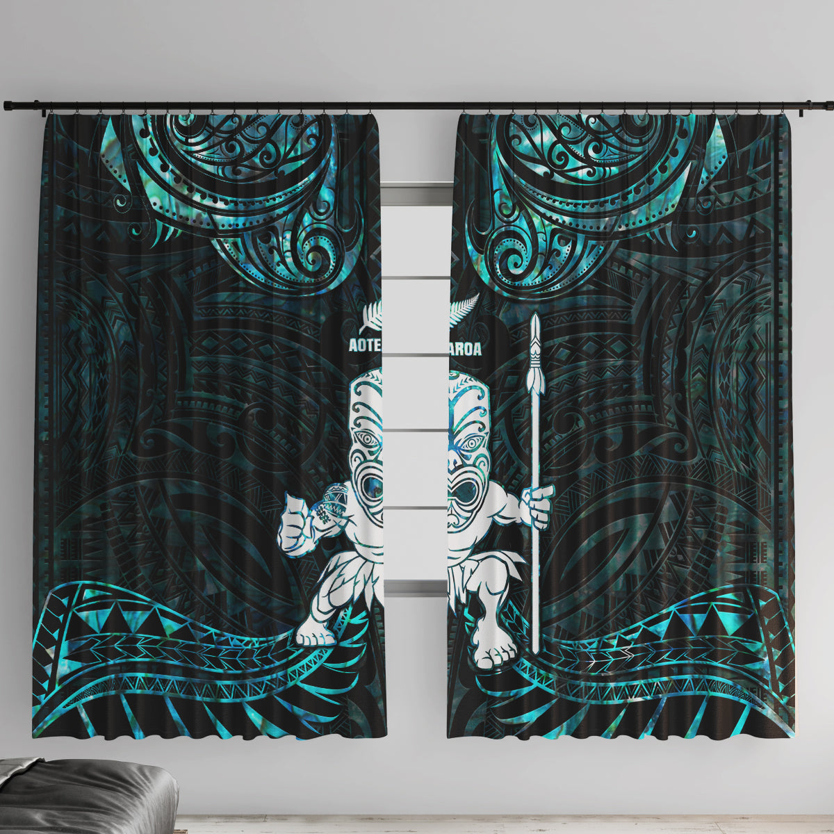 New Zealand Maori Taiaha Window Curtain Tiki Warrior Paua Shell LT05 With Hooks Black - Polynesian Pride
