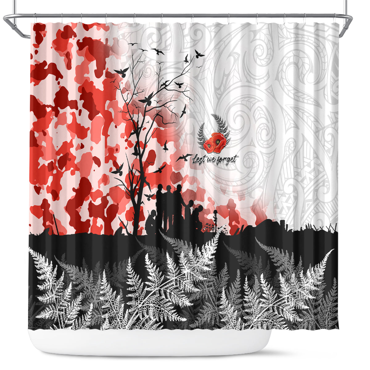 Kei Wareware Tatou New Zealand ANZAC Day Shower Curtain Lest We Forget LT05 White - Polynesian Pride