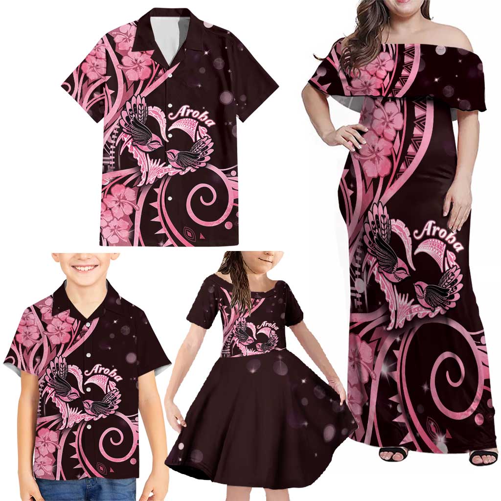 New Zealand Valentine Family Matching Off Shoulder Maxi Dress and Hawaiian Shirt Aroha Sweet Pink Piwakawaka