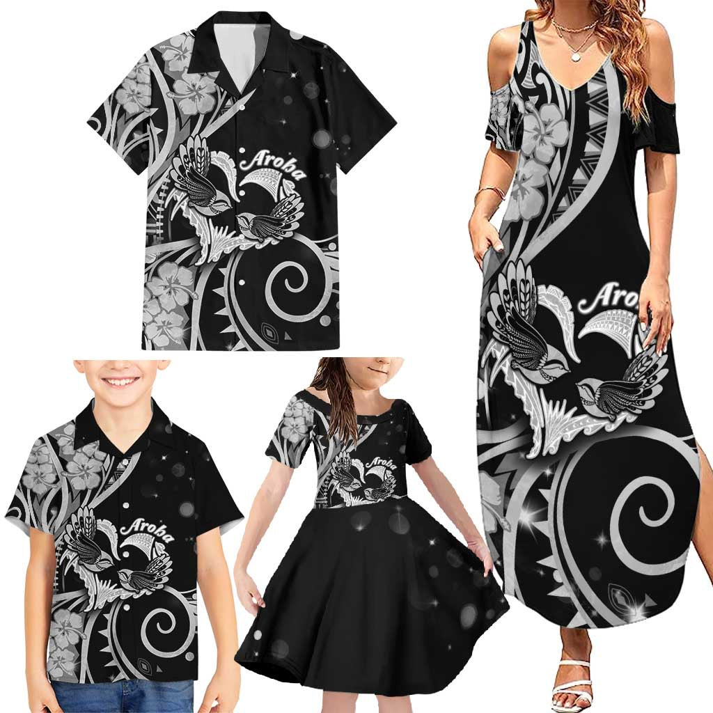 New Zealand Valentine Family Matching Summer Maxi Dress and Hawaiian Shirt Aroha Gray Piwakawaka