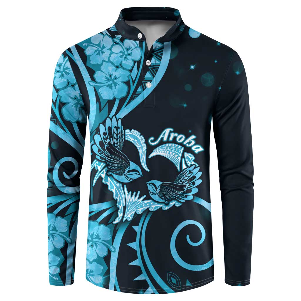 New Zealand Valentine Button Sweatshirt Aroha Cyan Piwakawaka LT05 Cyan - Polynesian Pride