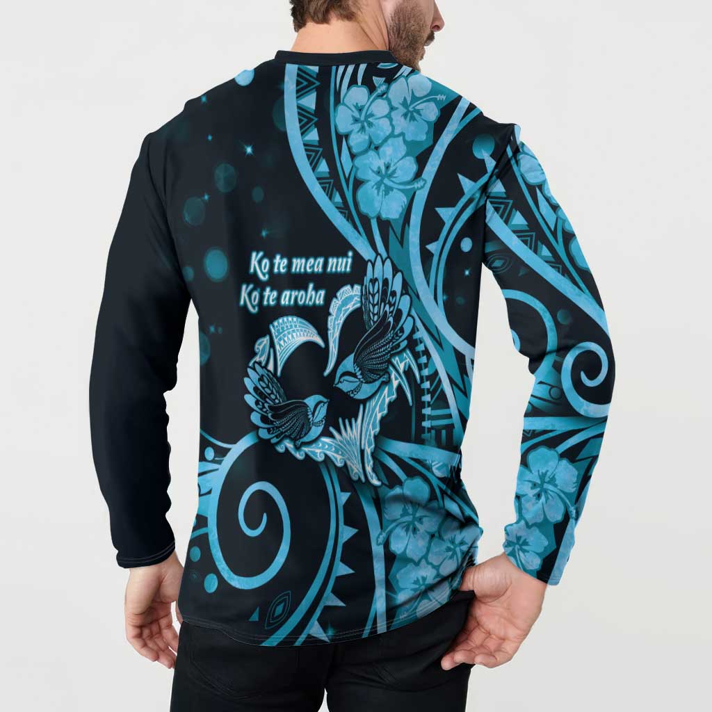 New Zealand Valentine Button Sweatshirt Aroha Cyan Piwakawaka LT05 - Polynesian Pride