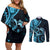 New Zealand Valentine Couples Matching Off Shoulder Short Dress and Long Sleeve Button Shirt Aroha Cyan Piwakawaka