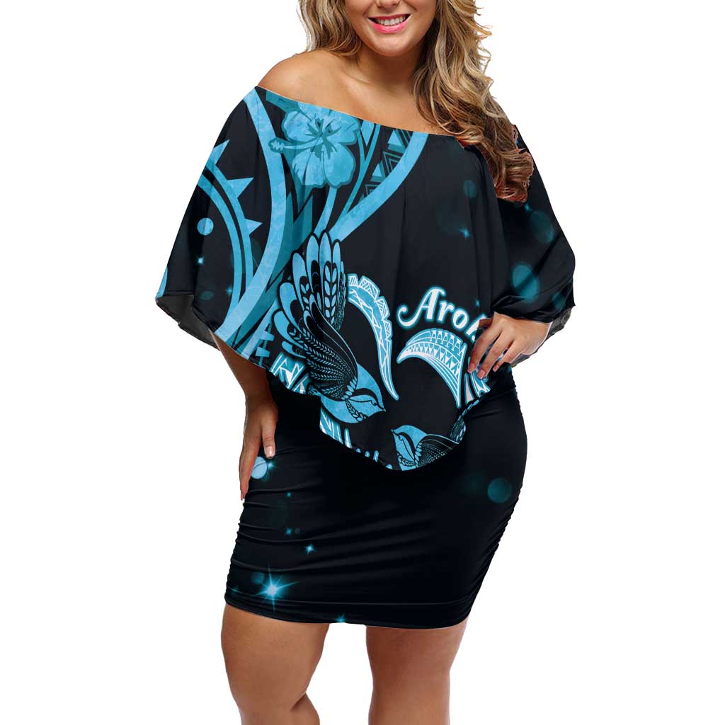 New Zealand Valentine Off Shoulder Short Dress Aroha Cyan Piwakawaka LT05 Women Cyan - Polynesian Pride