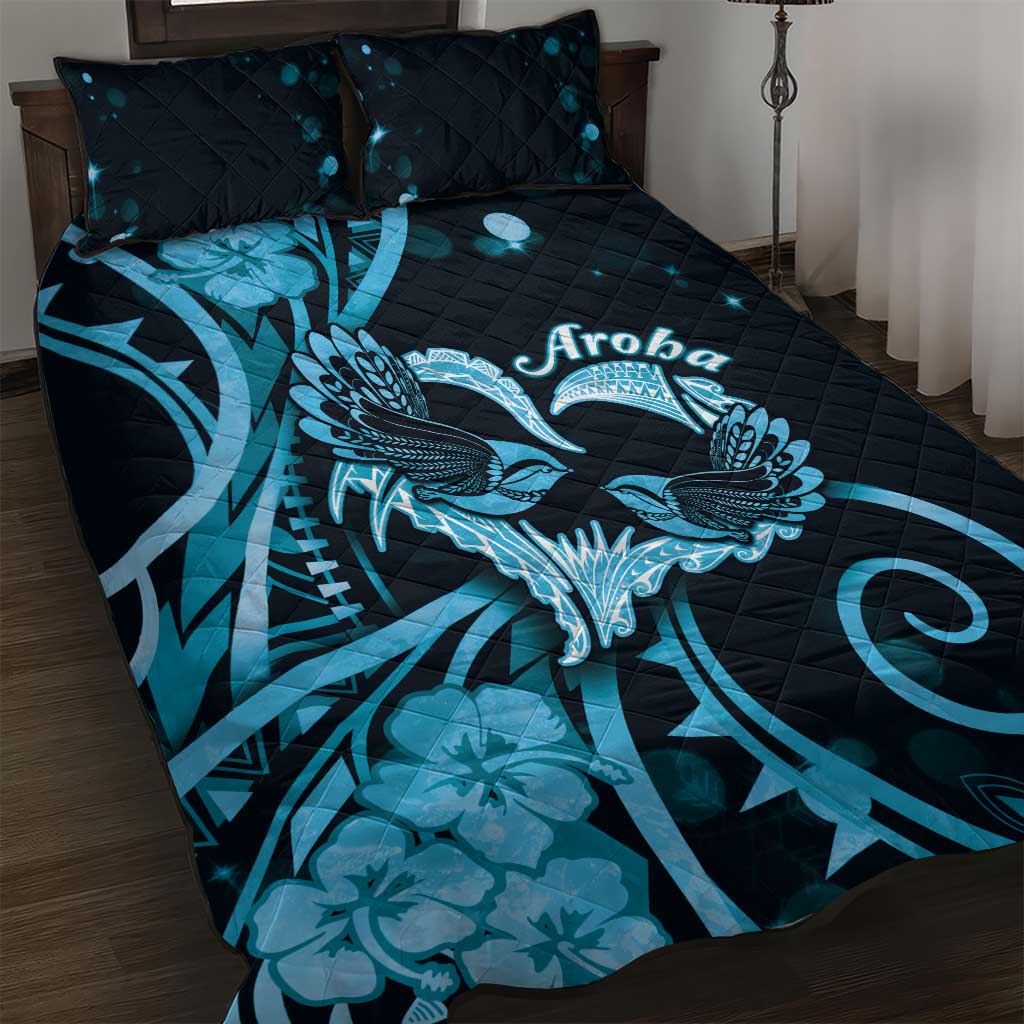 New Zealand Valentine Quilt Bed Set Aroha Cyan Piwakawaka LT05 Cyan - Polynesian Pride