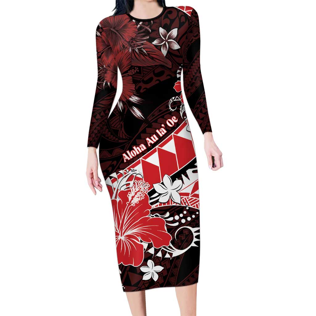 Personalised Hawaii Valentine Day Long Sleeve Bodycon Dress Polynesian Hibiscus Art Style Red LT05 Long Dress Red - Polynesian Pride