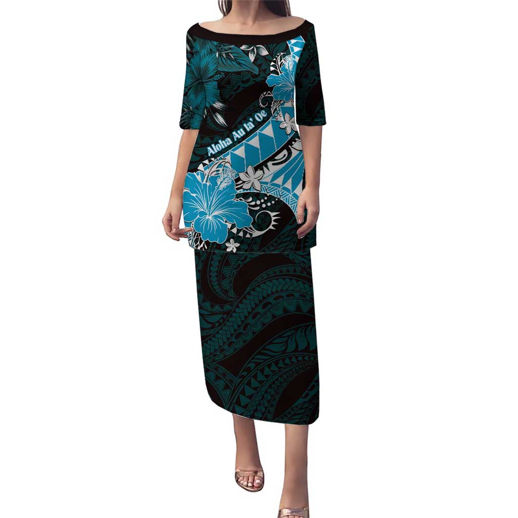 Personalised Hawaii Valentine Day Puletasi Polynesian Hibiscus Art Style Turquoise LT05 Long Dress Turquoise - Polynesian Pride