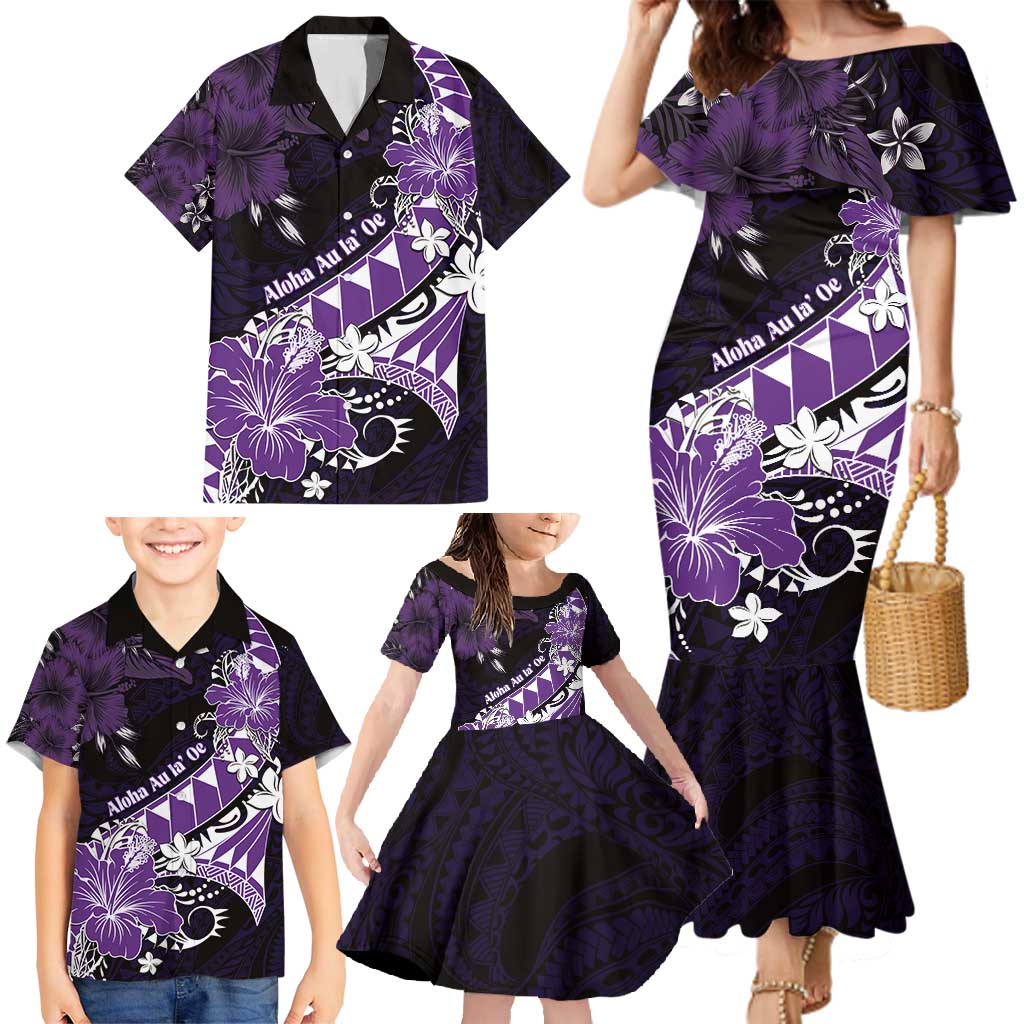 Personalised Hawaii Valentine Day Family Matching Mermaid Dress and Hawaiian Shirt Polynesian Hibiscus Art Style Purple