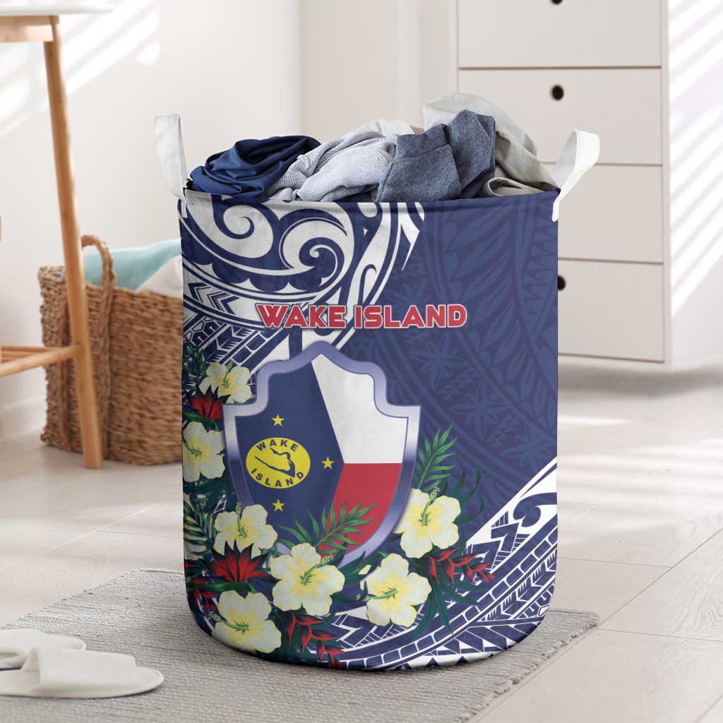 Wake Island Laundry Basket Tribal Pattern With Hibiscus Flowers LT05 Blue - Polynesian Pride