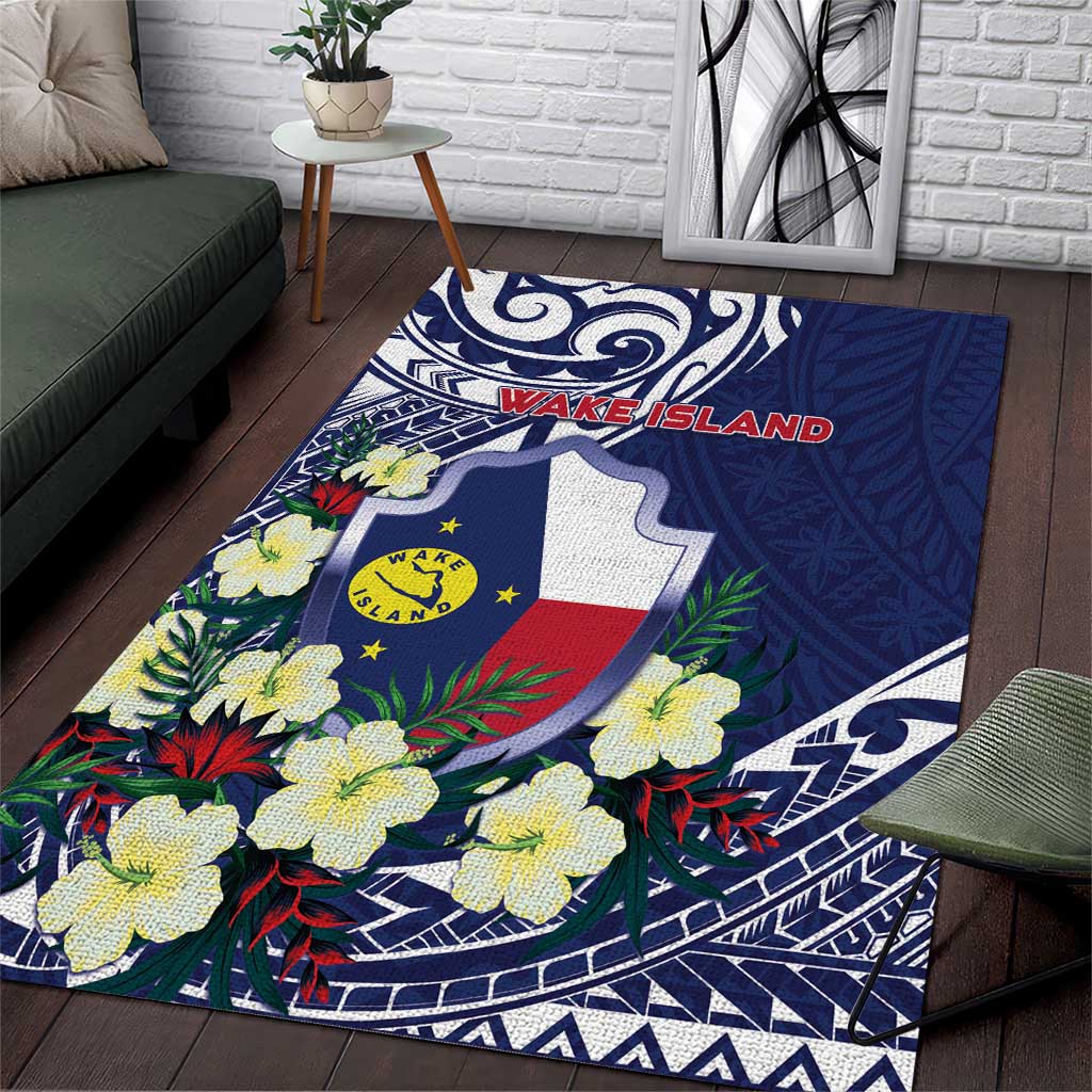 Wake Island Area Rug Tribal Pattern With Hibiscus Flowers LT05 Blue - Polynesian Pride