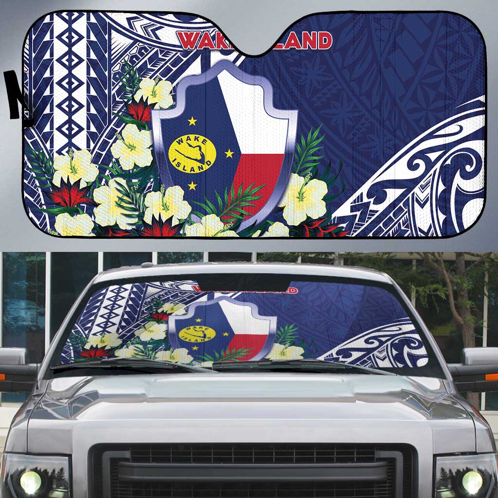 Wake Island Auto Sun Shade Tribal Pattern With Hibiscus Flowers LT05 Blue - Polynesian Pride