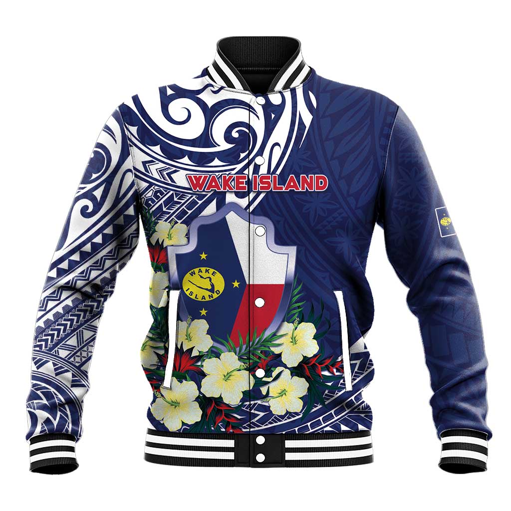 Personalised Wake Island Baseball Jacket Tribal Pattern With Hibiscus Flowers LT05 Unisex Blue - Polynesian Pride