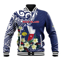 Personalised Wake Island Baseball Jacket Tribal Pattern With Hibiscus Flowers LT05 Unisex Blue - Polynesian Pride
