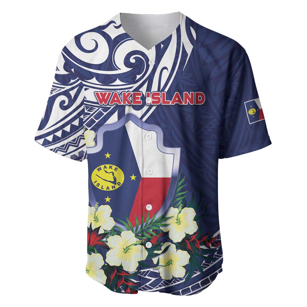 Personalised Wake Island Baseball Jersey Tribal Pattern With Hibiscus Flowers LT05 Blue - Polynesian Pride