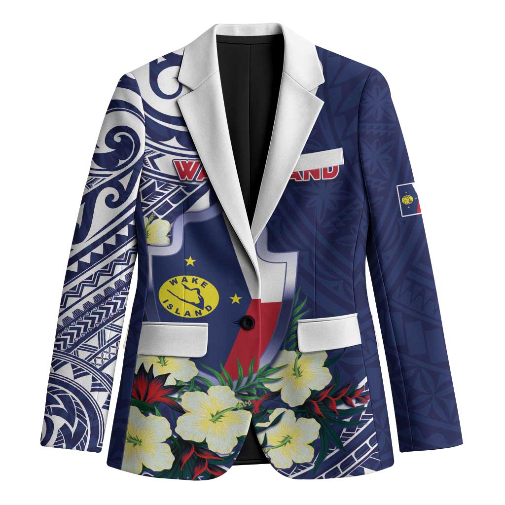 Personalised Wake Island Blazer Tribal Pattern With Hibiscus Flowers LT05 Unisex Blue - Polynesian Pride