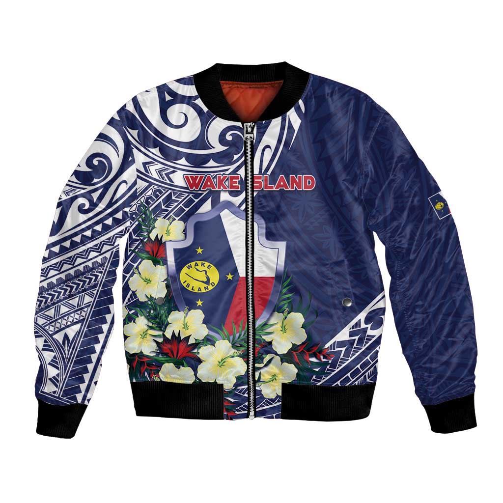Personalised Wake Island Bomber Jacket Tribal Pattern With Hibiscus Flowers LT05 Unisex Blue - Polynesian Pride