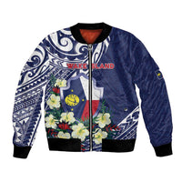 Personalised Wake Island Bomber Jacket Tribal Pattern With Hibiscus Flowers LT05 Unisex Blue - Polynesian Pride