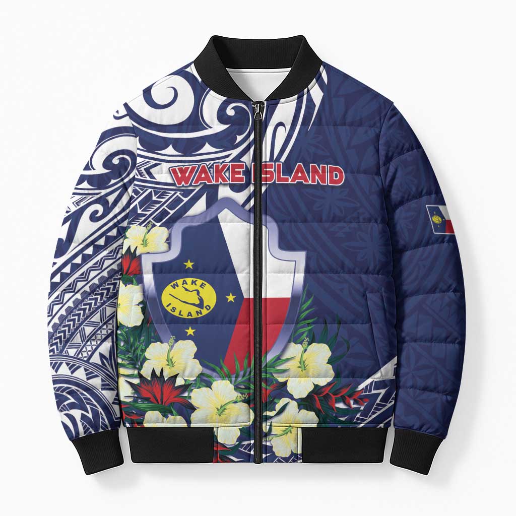 Personalised Wake Island Bomber Puffer Jacket Tribal Pattern With Hibiscus Flowers LT05 Unisex Blue - Polynesian Pride