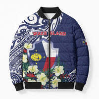 Personalised Wake Island Bomber Puffer Jacket Tribal Pattern With Hibiscus Flowers LT05 Unisex Blue - Polynesian Pride
