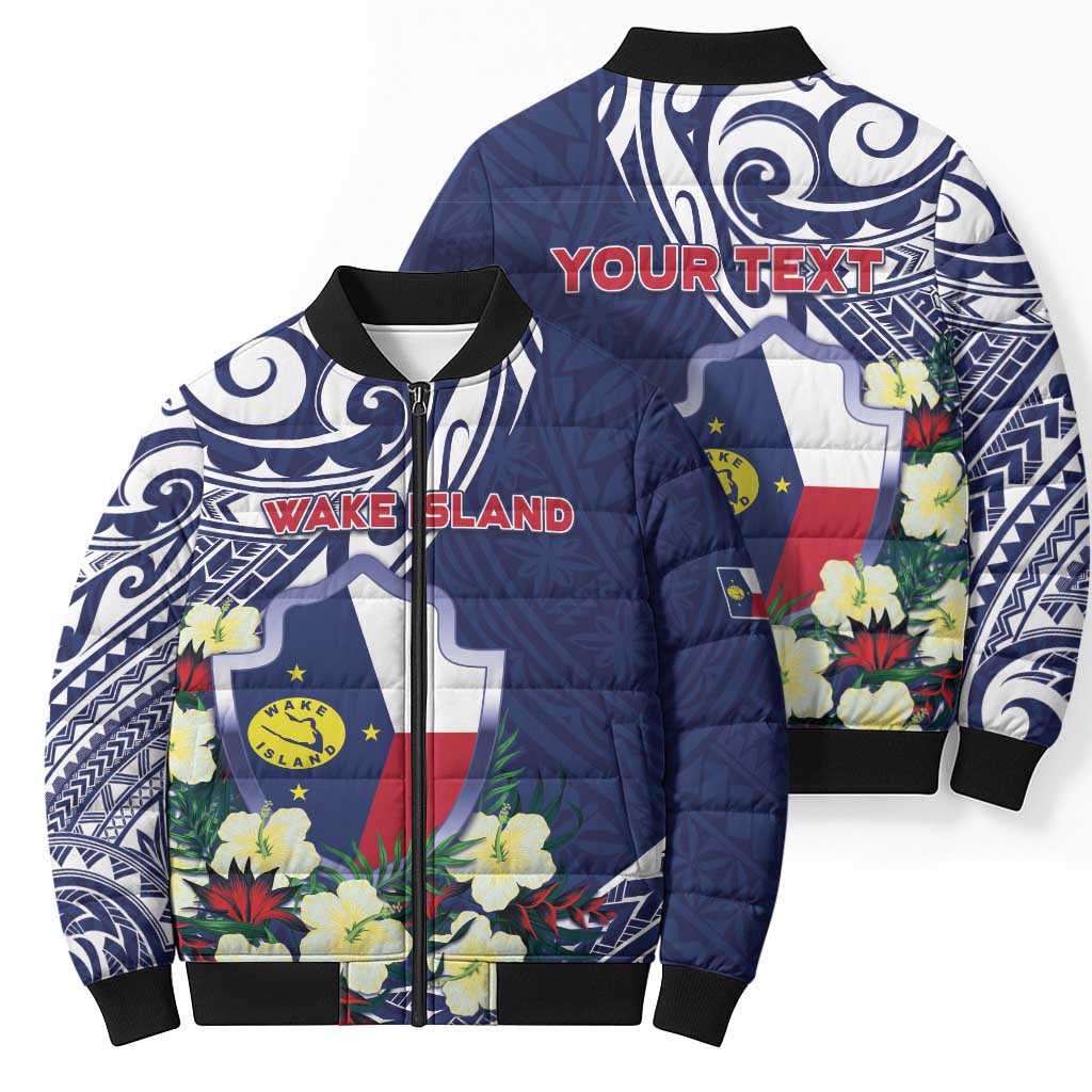 Personalised Wake Island Bomber Puffer Jacket Tribal Pattern With Hibiscus Flowers LT05 - Polynesian Pride