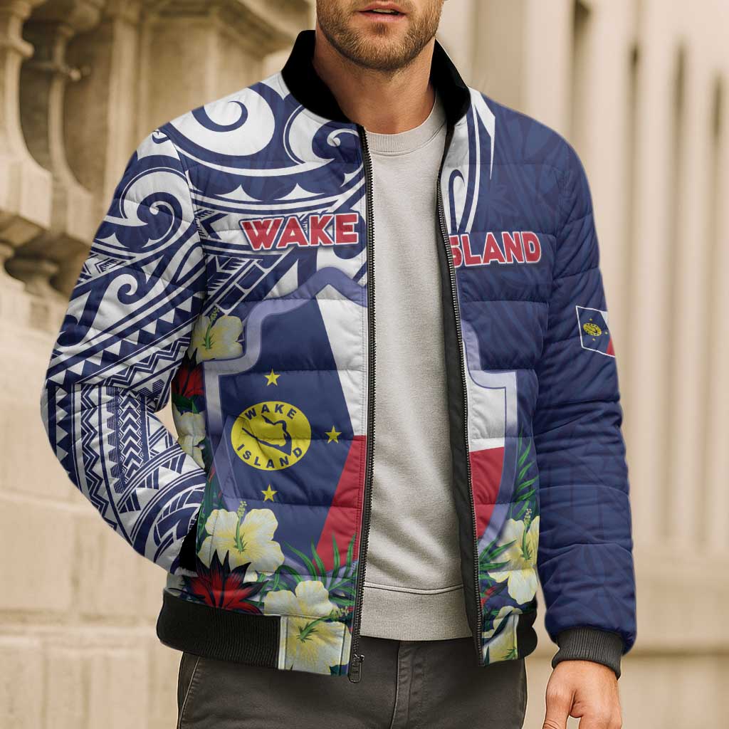 Personalised Wake Island Bomber Puffer Jacket Tribal Pattern With Hibiscus Flowers LT05 - Polynesian Pride
