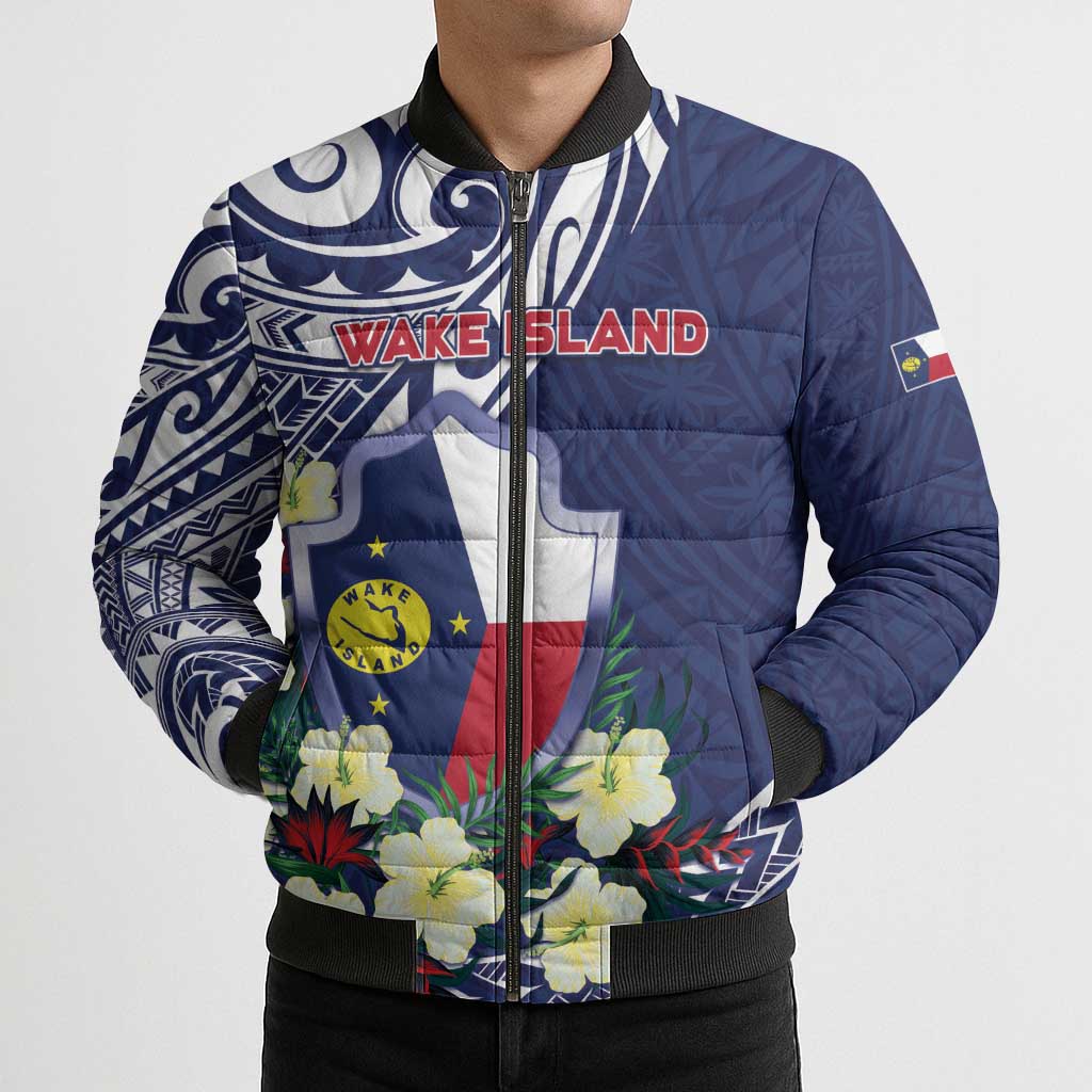 Personalised Wake Island Bomber Puffer Jacket Tribal Pattern With Hibiscus Flowers LT05 - Polynesian Pride