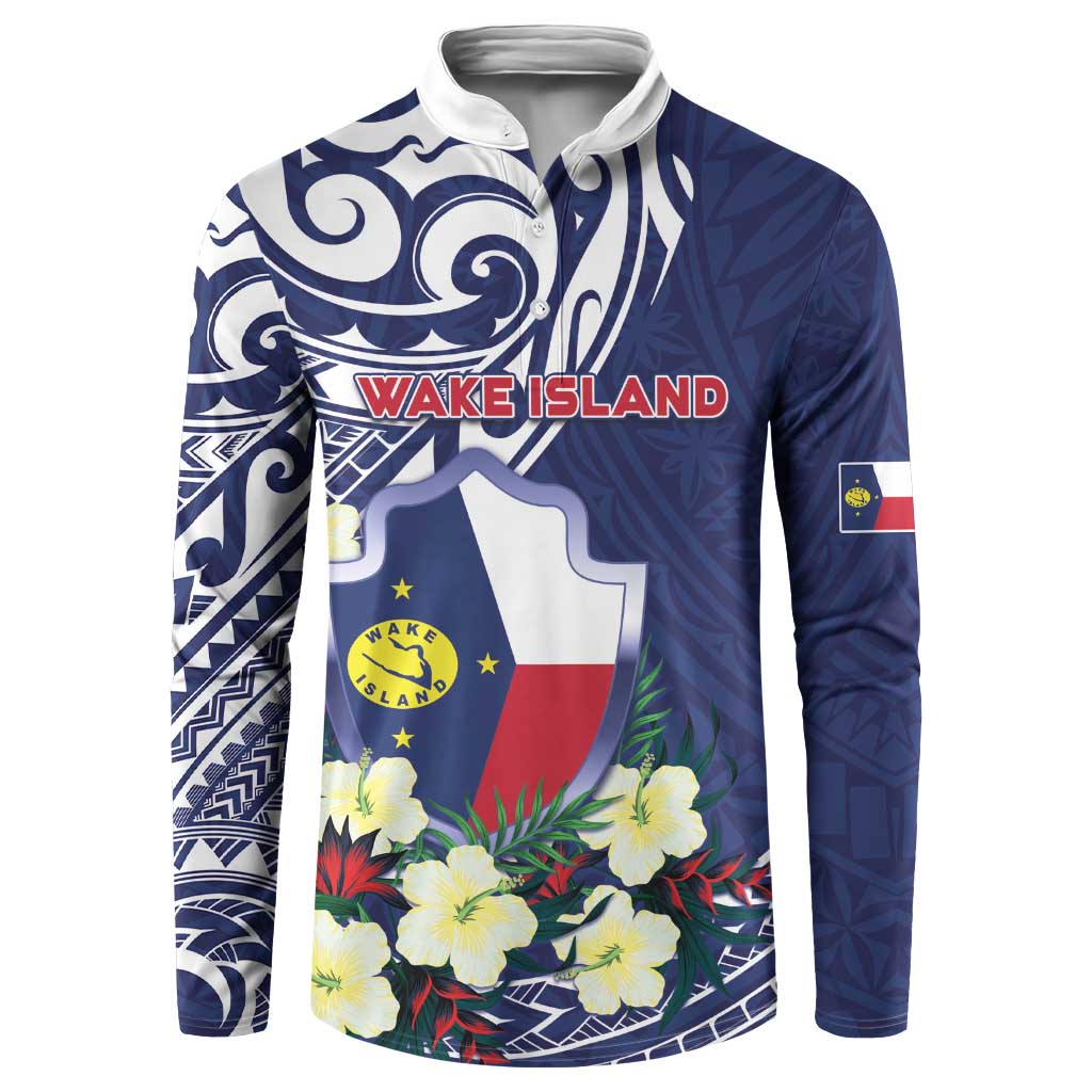 Personalised Wake Island Button Sweatshirt Tribal Pattern With Hibiscus Flowers LT05 Blue - Polynesian Pride