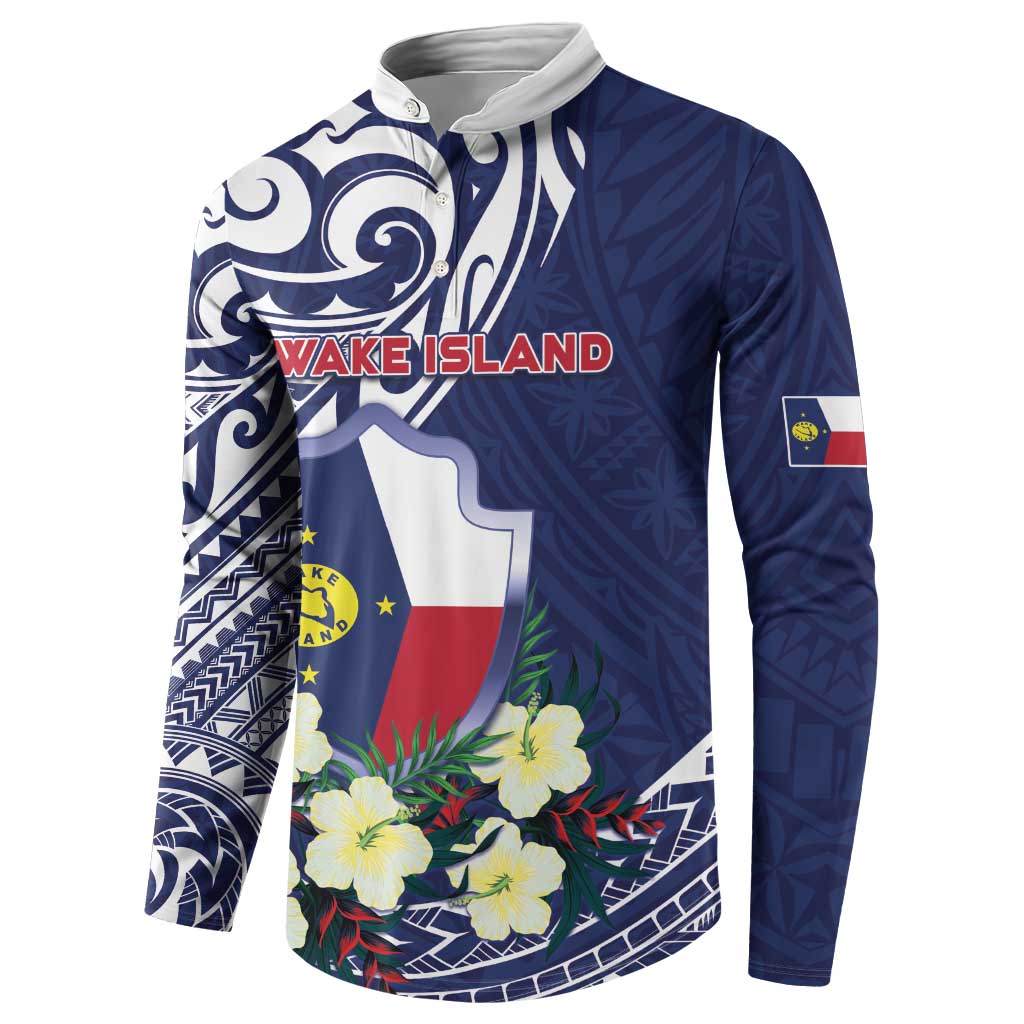 Personalised Wake Island Button Sweatshirt Tribal Pattern With Hibiscus Flowers LT05 - Polynesian Pride