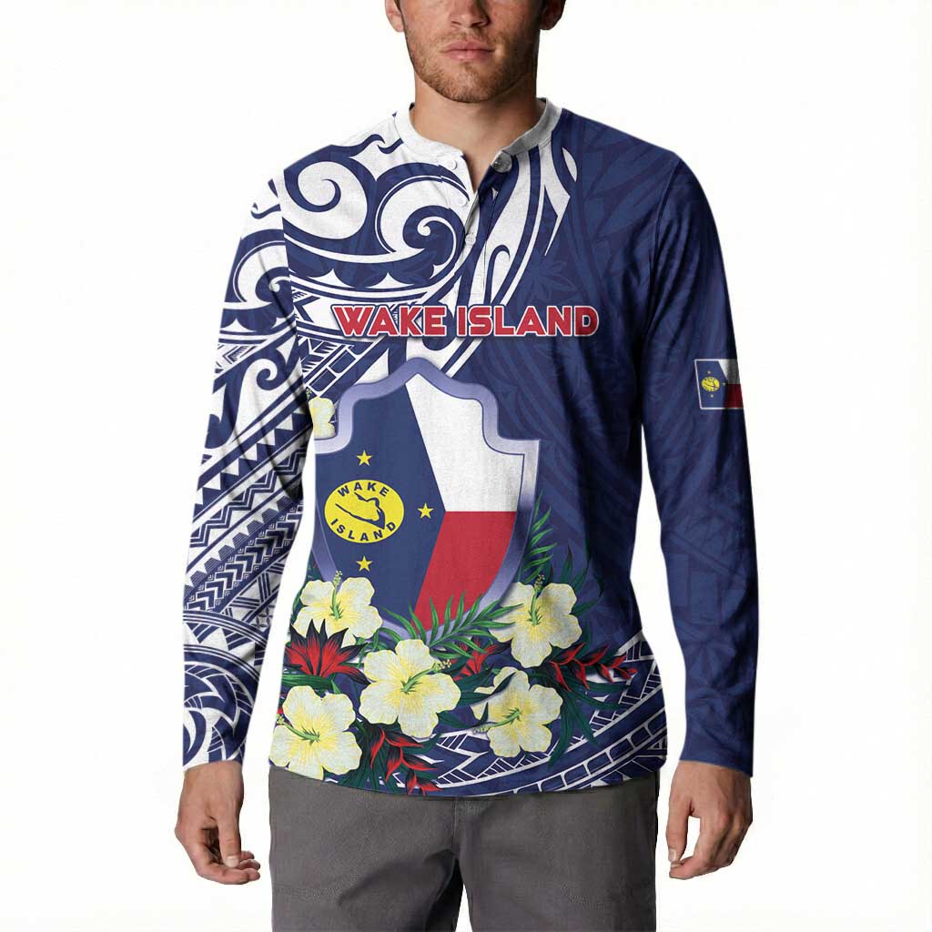 Personalised Wake Island Button Sweatshirt Tribal Pattern With Hibiscus Flowers LT05 - Polynesian Pride