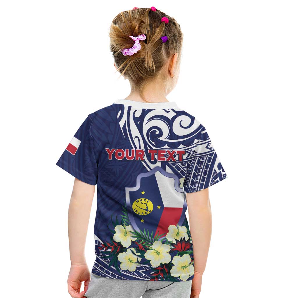 Personalised Wake Island Kid T Shirt Tribal Pattern With Hibiscus Flowers LT05 - Polynesian Pride
