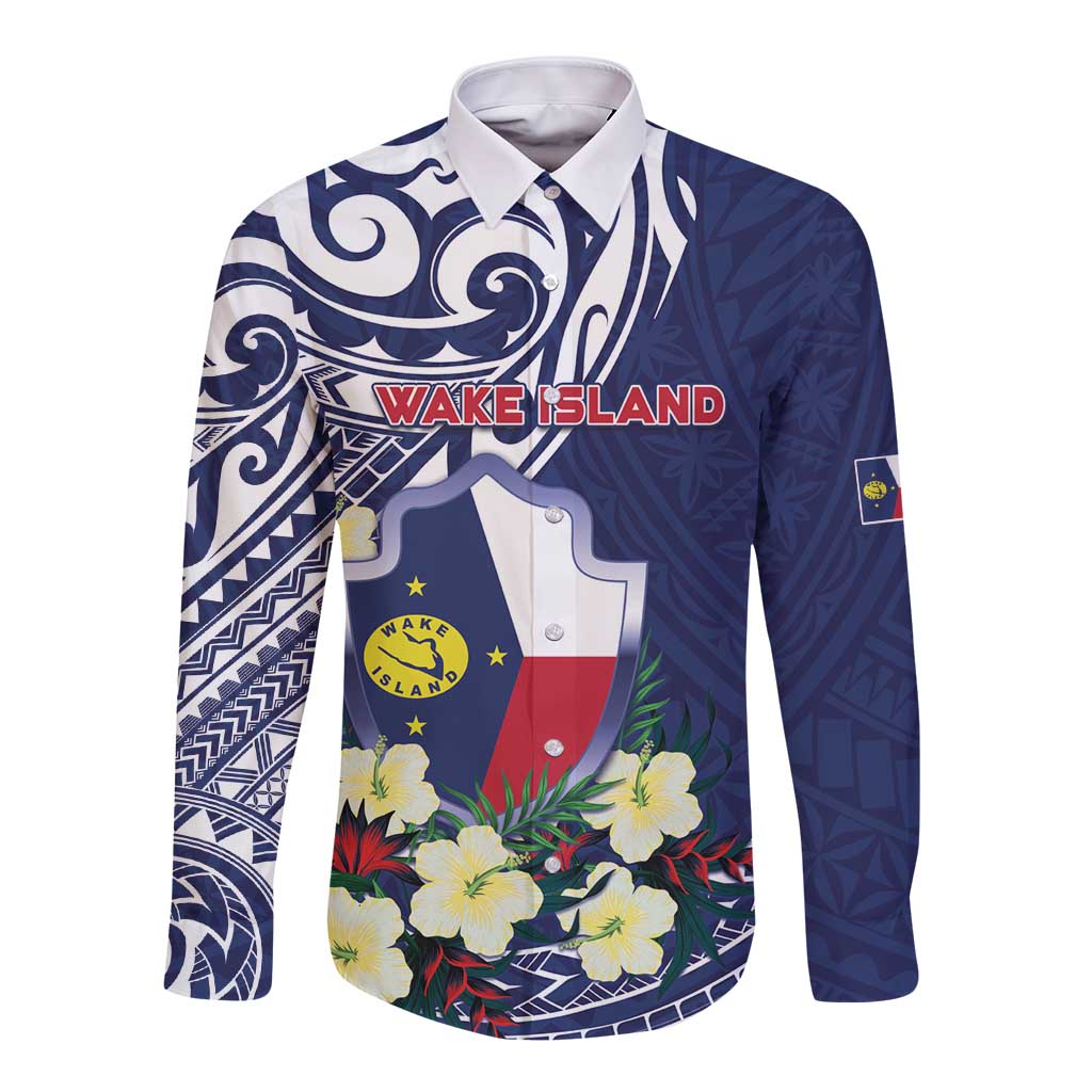 Personalised Wake Island Long Sleeve Button Shirt Tribal Pattern With Hibiscus Flowers LT05 Unisex Blue - Polynesian Pride