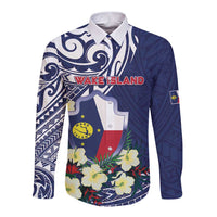 Personalised Wake Island Long Sleeve Button Shirt Tribal Pattern With Hibiscus Flowers LT05 Unisex Blue - Polynesian Pride