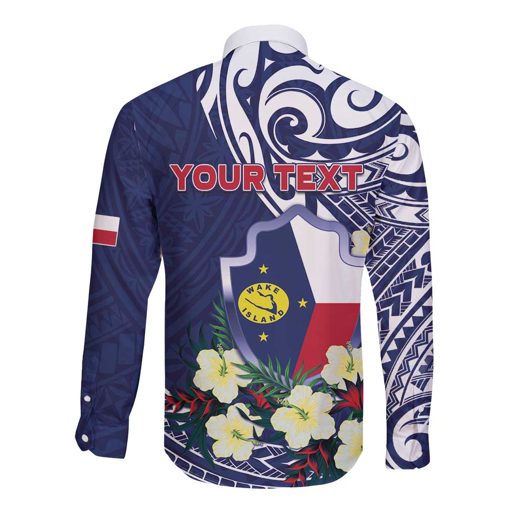 Personalised Wake Island Long Sleeve Button Shirt Tribal Pattern With Hibiscus Flowers LT05 - Polynesian Pride