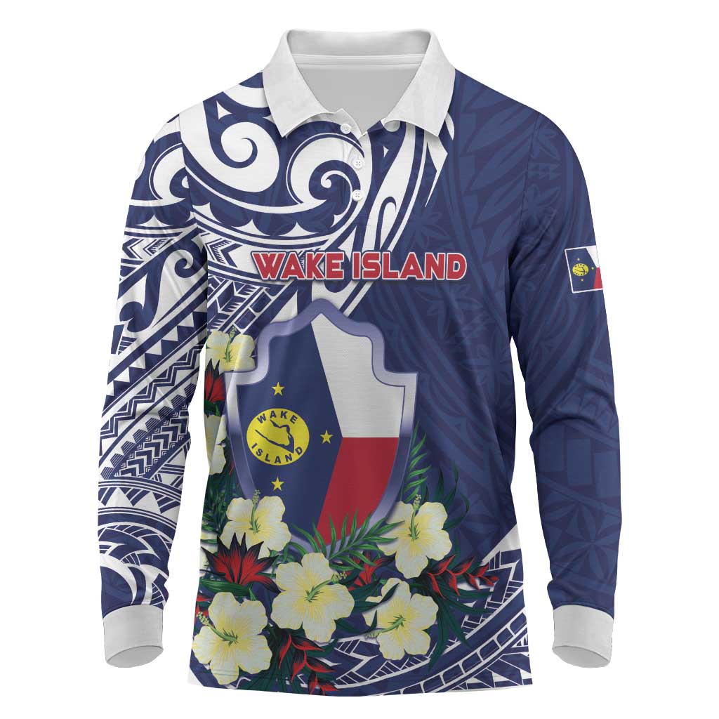 Personalised Wake Island Long Sleeve Polo Shirt Tribal Pattern With Hibiscus Flowers LT05 Blue - Polynesian Pride
