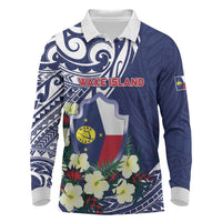 Personalised Wake Island Long Sleeve Polo Shirt Tribal Pattern With Hibiscus Flowers LT05 Blue - Polynesian Pride