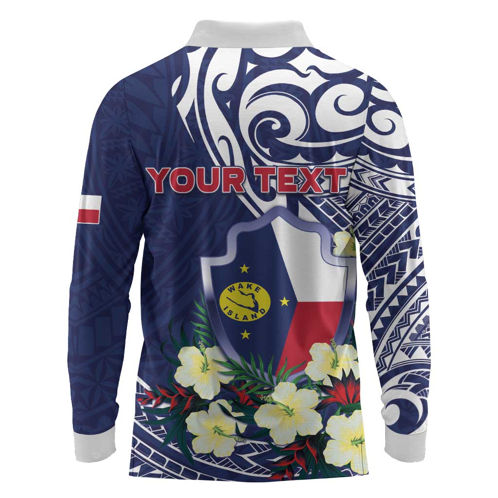 Personalised Wake Island Long Sleeve Polo Shirt Tribal Pattern With Hibiscus Flowers LT05 - Polynesian Pride