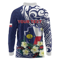 Personalised Wake Island Long Sleeve Polo Shirt Tribal Pattern With Hibiscus Flowers LT05 - Polynesian Pride