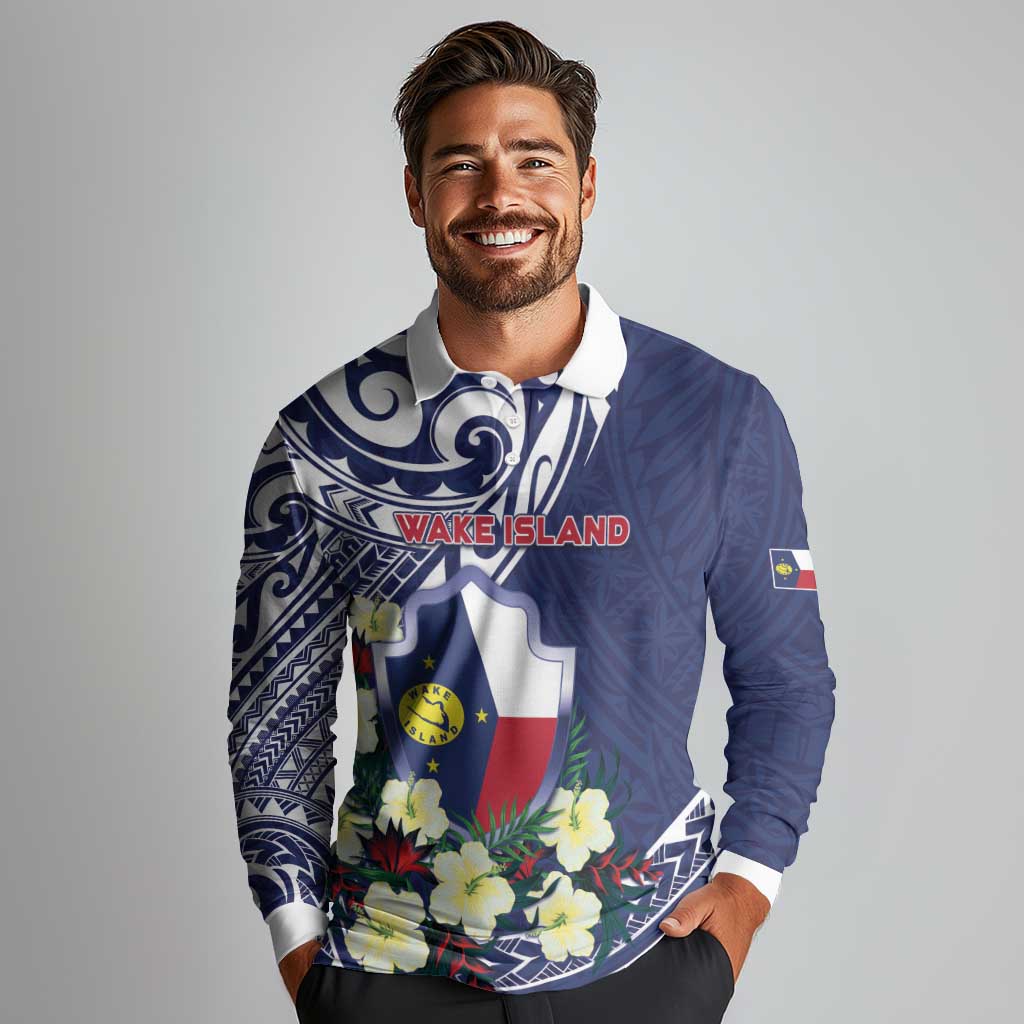 Personalised Wake Island Long Sleeve Polo Shirt Tribal Pattern With Hibiscus Flowers LT05 - Polynesian Pride