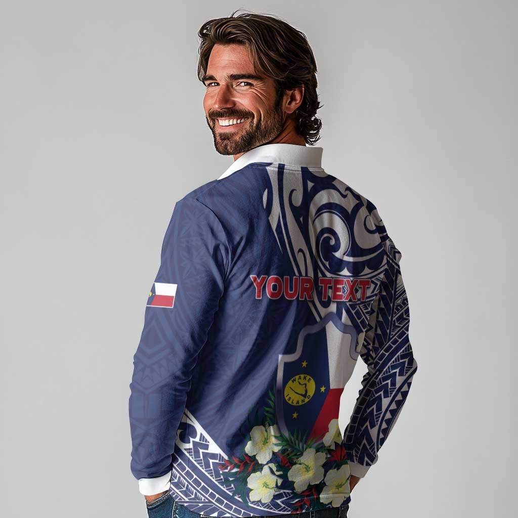 Personalised Wake Island Long Sleeve Polo Shirt Tribal Pattern With Hibiscus Flowers LT05 - Polynesian Pride