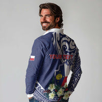 Personalised Wake Island Long Sleeve Polo Shirt Tribal Pattern With Hibiscus Flowers LT05 - Polynesian Pride