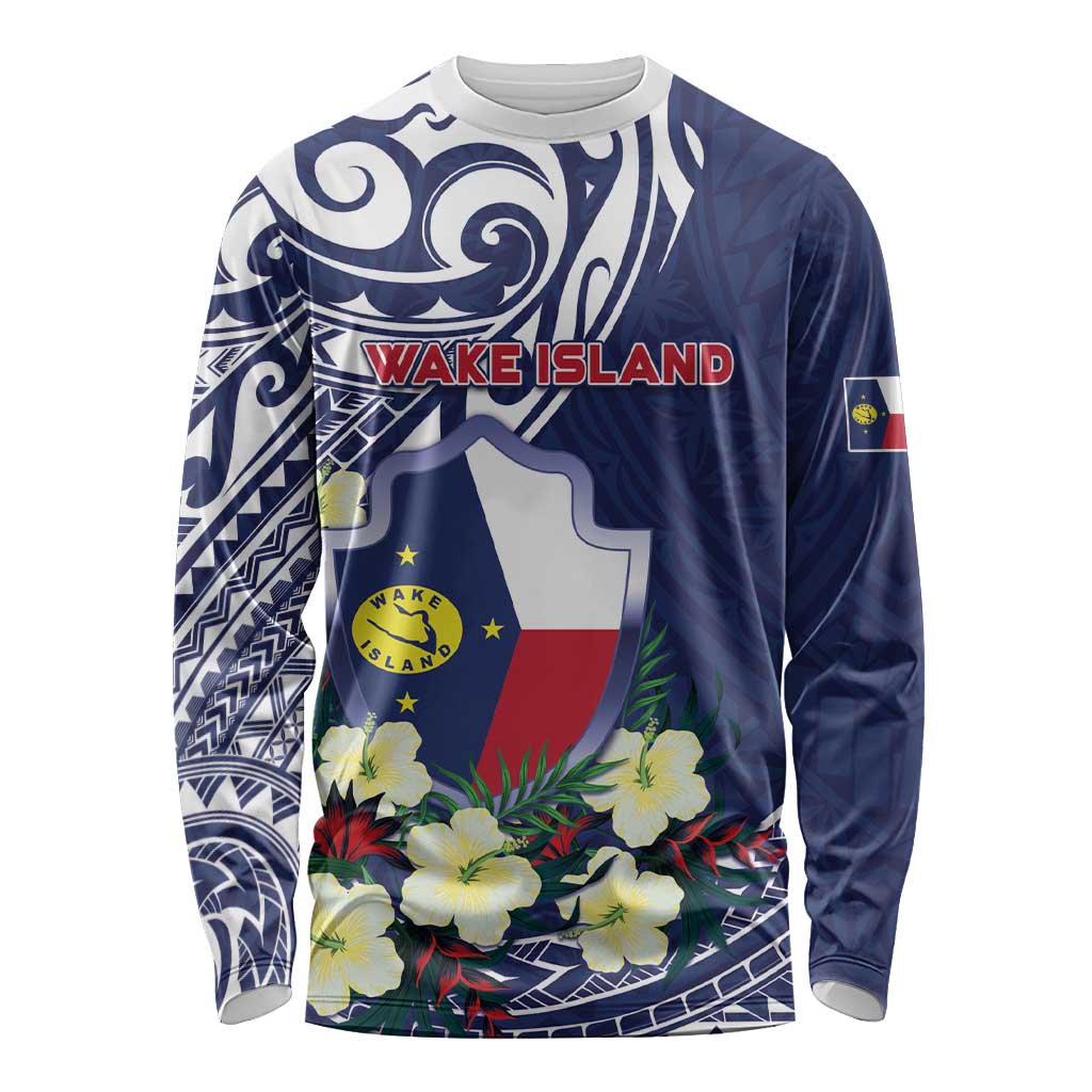 Personalised Wake Island Long Sleeve Shirt Tribal Pattern With Hibiscus Flowers LT05 Unisex Blue - Polynesian Pride