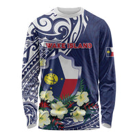 Personalised Wake Island Long Sleeve Shirt Tribal Pattern With Hibiscus Flowers LT05 Unisex Blue - Polynesian Pride