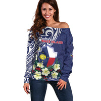 Personalised Wake Island Off Shoulder Sweater Tribal Pattern With Hibiscus Flowers LT05 Women Blue - Polynesian Pride