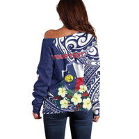 Personalised Wake Island Off Shoulder Sweater Tribal Pattern With Hibiscus Flowers LT05 - Polynesian Pride