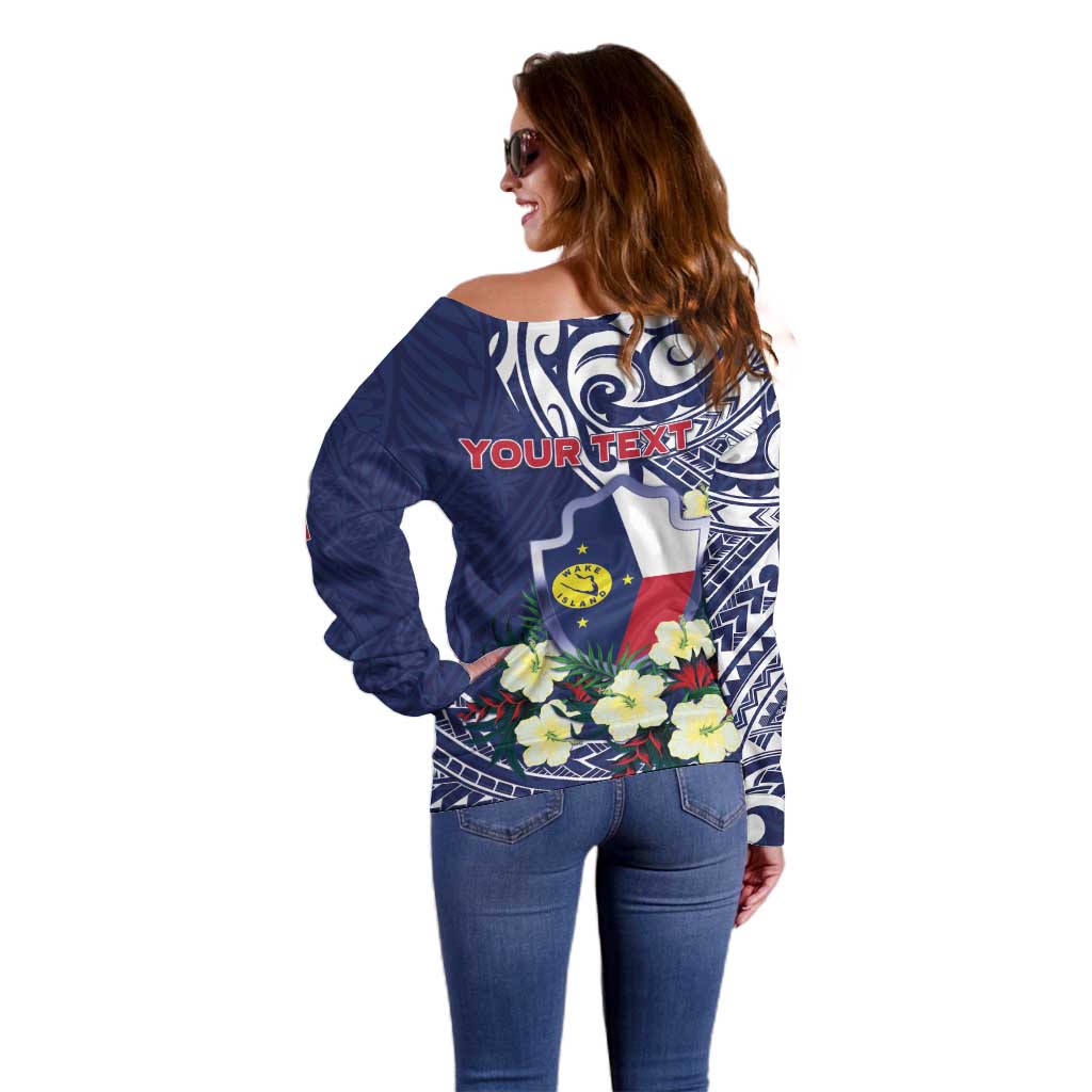 Personalised Wake Island Off Shoulder Sweater Tribal Pattern With Hibiscus Flowers LT05 - Polynesian Pride
