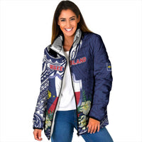 Personalised Wake Island Padded Jacket Tribal Pattern With Hibiscus Flowers LT05 Women Blue - Polynesian Pride