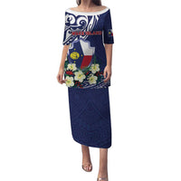 Personalised Wake Island Puletasi Tribal Pattern With Hibiscus Flowers LT05 Long Dress Blue - Polynesian Pride