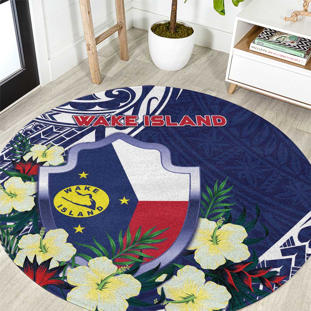 Wake Island Round Carpet Tribal Pattern With Hibiscus Flowers LT05 Blue - Polynesian Pride